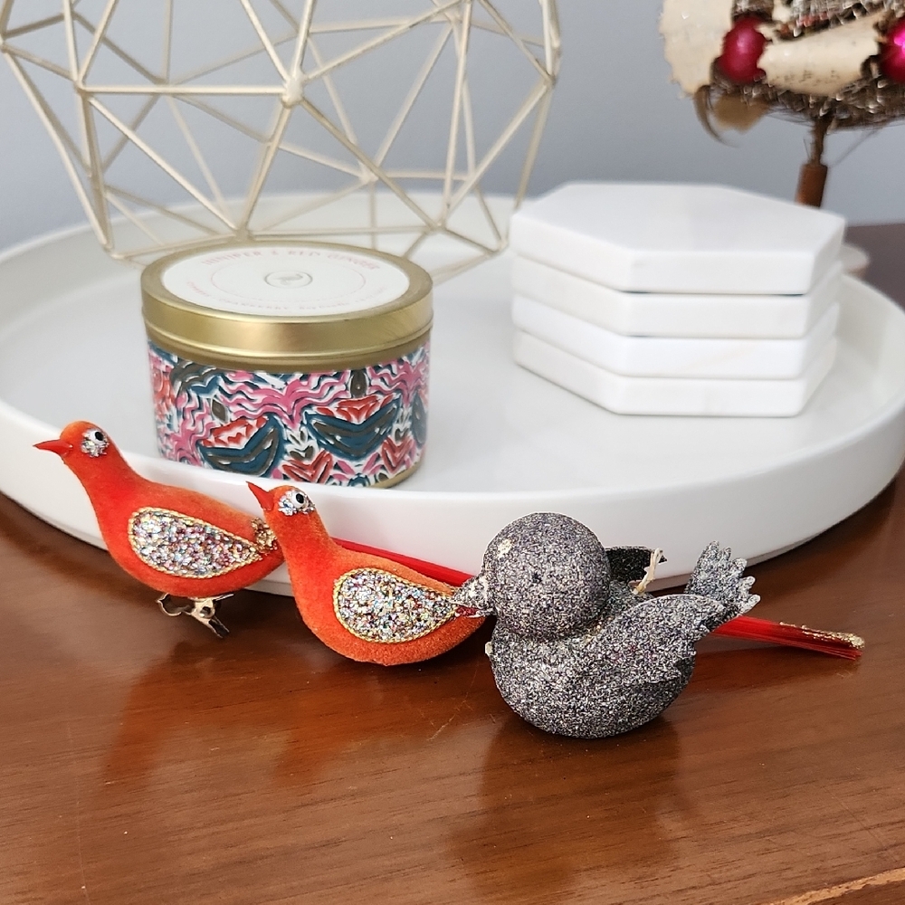 *Lowest* Vintage flocked glitter Christmas bird ornaments
